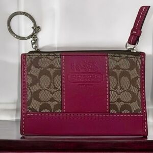 Coach Signature Monogram Pink/Tan Card Holder/Keychain Wallet